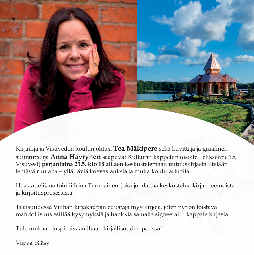 KirjailijaTea Mäkipere ja kuvittaja Anna Häyrynen Kulkurin kappelilla 23.5.